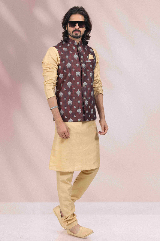 Men's Art Banarasi Silk Printed Work 3 Pics Jacket Set In Wine Colour