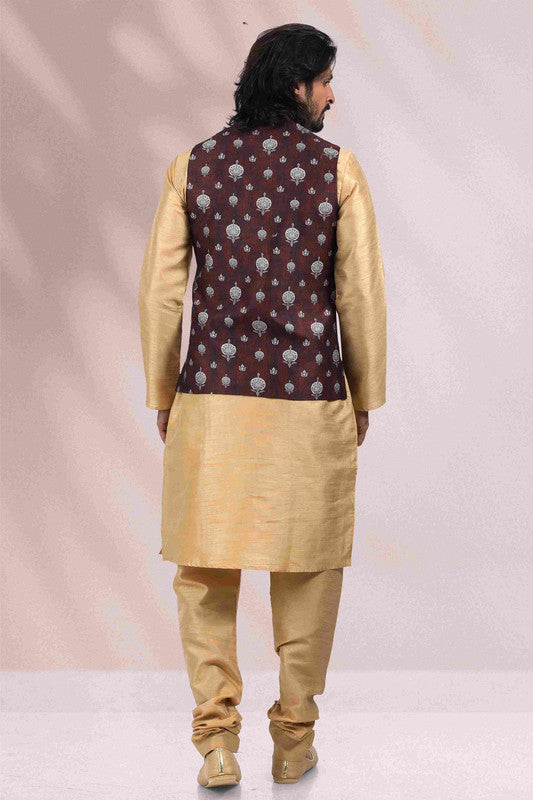 Men's Art Banarasi Silk Printed Work 3 Pics Jacket Set In Wine Colour