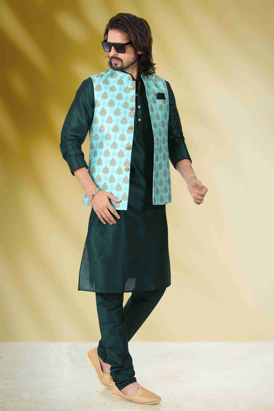 Men's Art Banarasi Silk Printed Work 3 Pics Jacket Set In Sea Green Colour