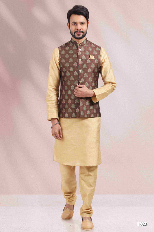 Men's Art Banarasi Silk Printed Work 3 Pics Jacket Set In Brown Colour