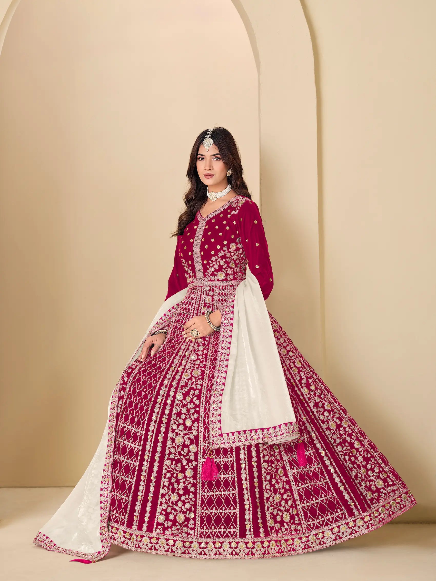Rani Pink Velvet Heavy Embroidered Gown