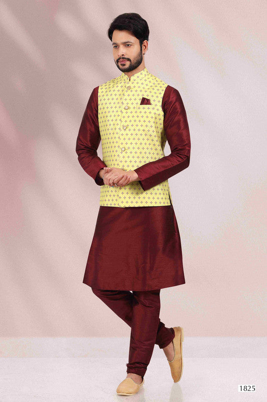 Men's Art Banarasi Silk Printed Work 3 Pics Jacket Set In Yellow Colour
