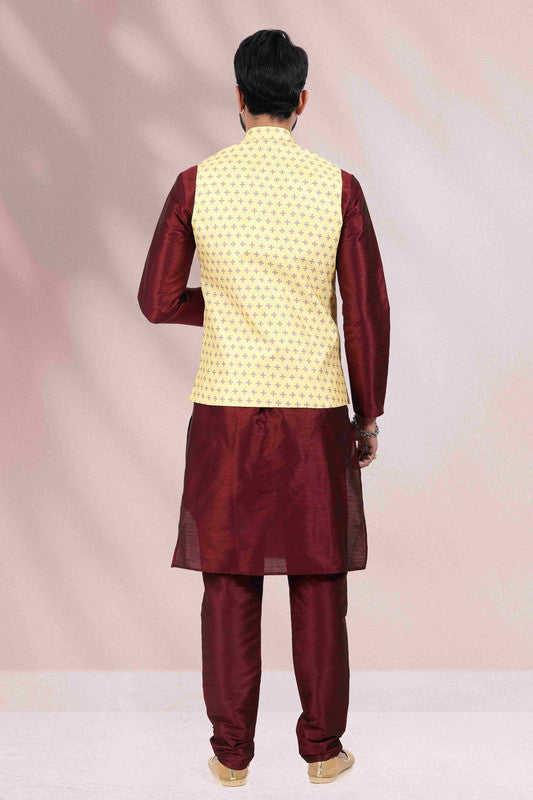 Men's Art Banarasi Silk Printed Work 3 Pics Jacket Set In Yellow Colour