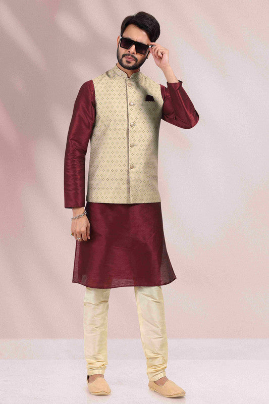 Men's Art Banarasi Silk Printed Work 3 Pics Jacket Set In Cream Colour