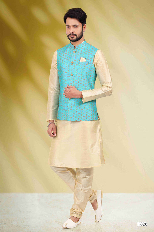 Men's Art Banarasi Silk Printed Work 3 Pics Jacket Set In Sky Blue Colour