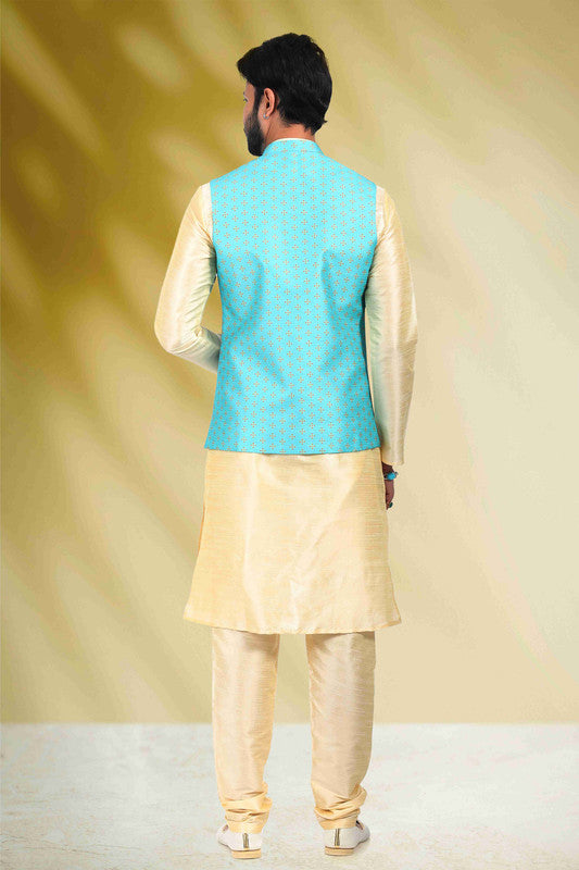 Men's Art Banarasi Silk Printed Work 3 Pics Jacket Set In Sky Blue Colour