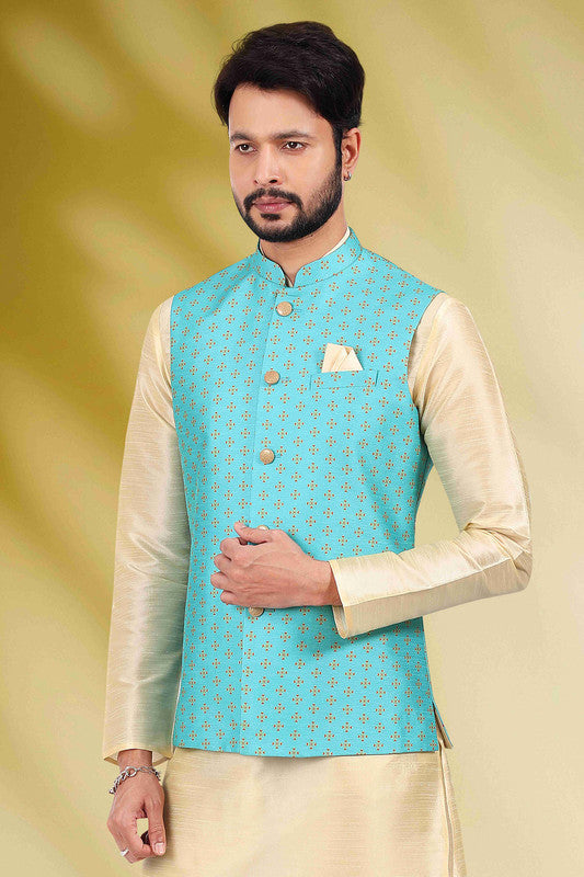 Men's Art Banarasi Silk Printed Work 3 Pics Jacket Set In Sky Blue Colour