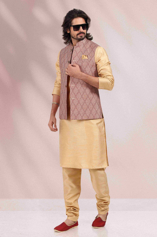 Men's Art Banarasi Silk Printed Work 3 Pics Jacket Set In Maroon Colour