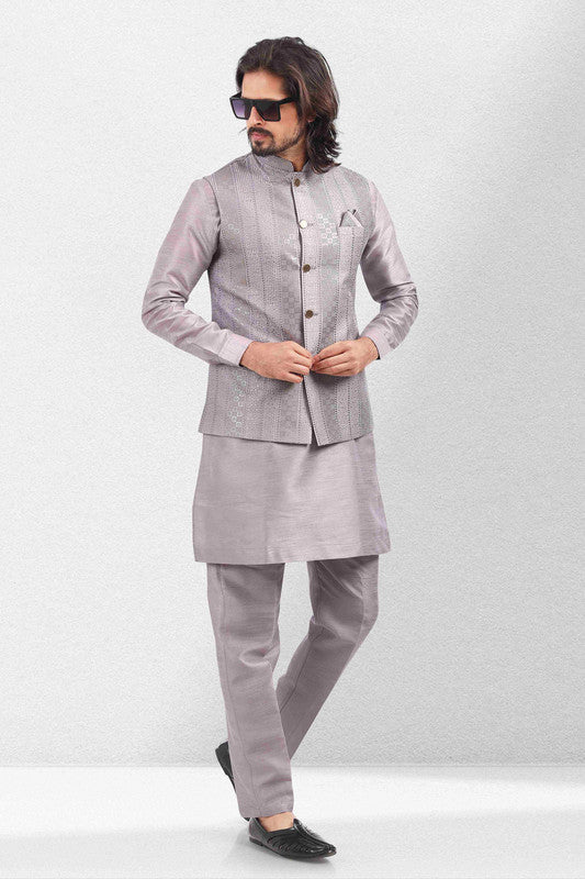 Men's Art Banarasi Silk Thread Work 3 Pics Jacket Set In Light Purple Colour
