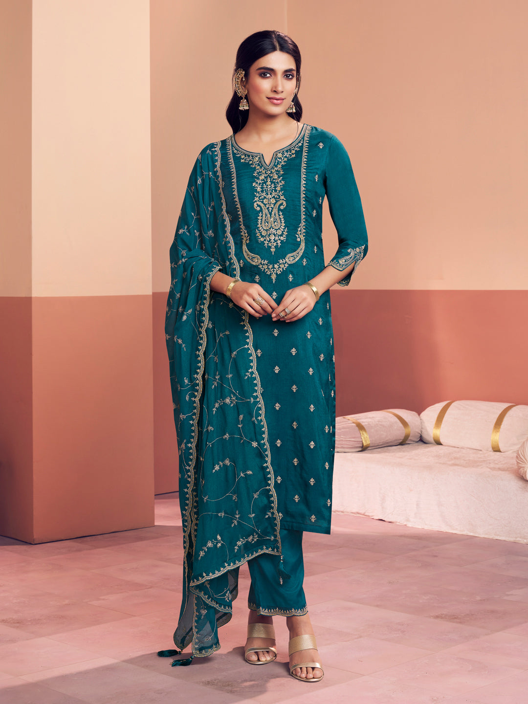 Teal Embroidery With Mina Straight Kurta And Dyed Trousers With Mina Embroidery Dupatta