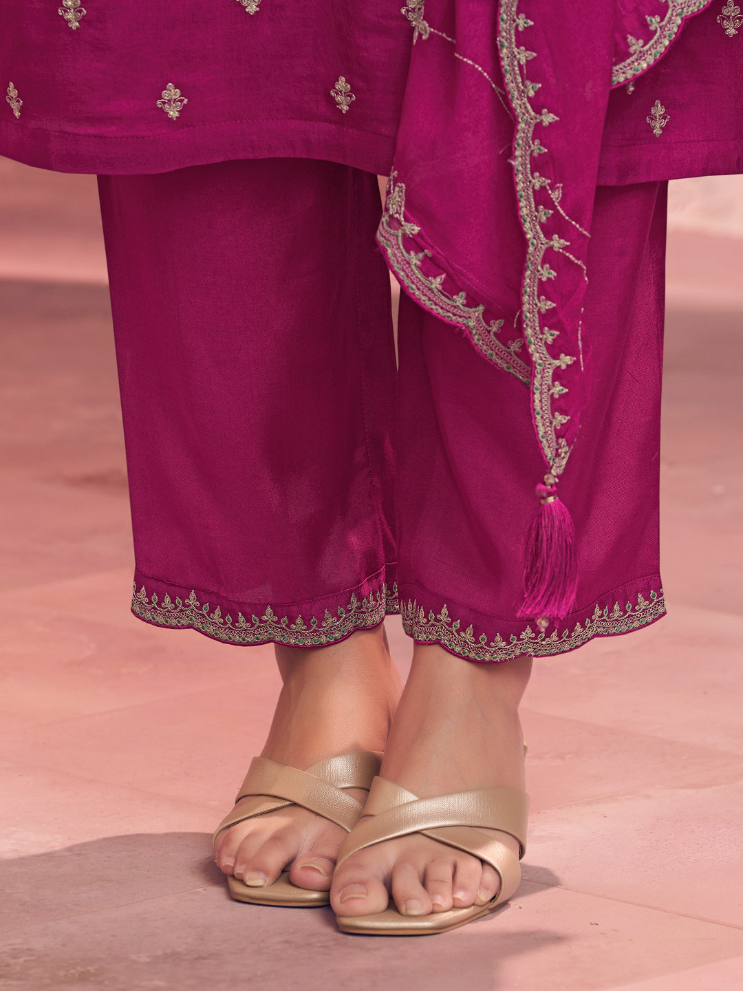 Magenta Embroidery Straight Kurta With Dyed Trousers And Embroidery Jaal Dupatta