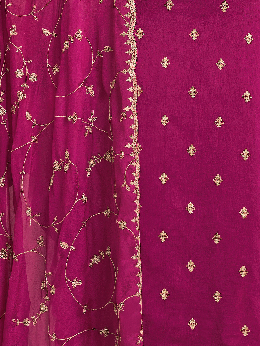 Magenta Embroidery Straight Kurta With Dyed Trousers And Embroidery Jaal Dupatta