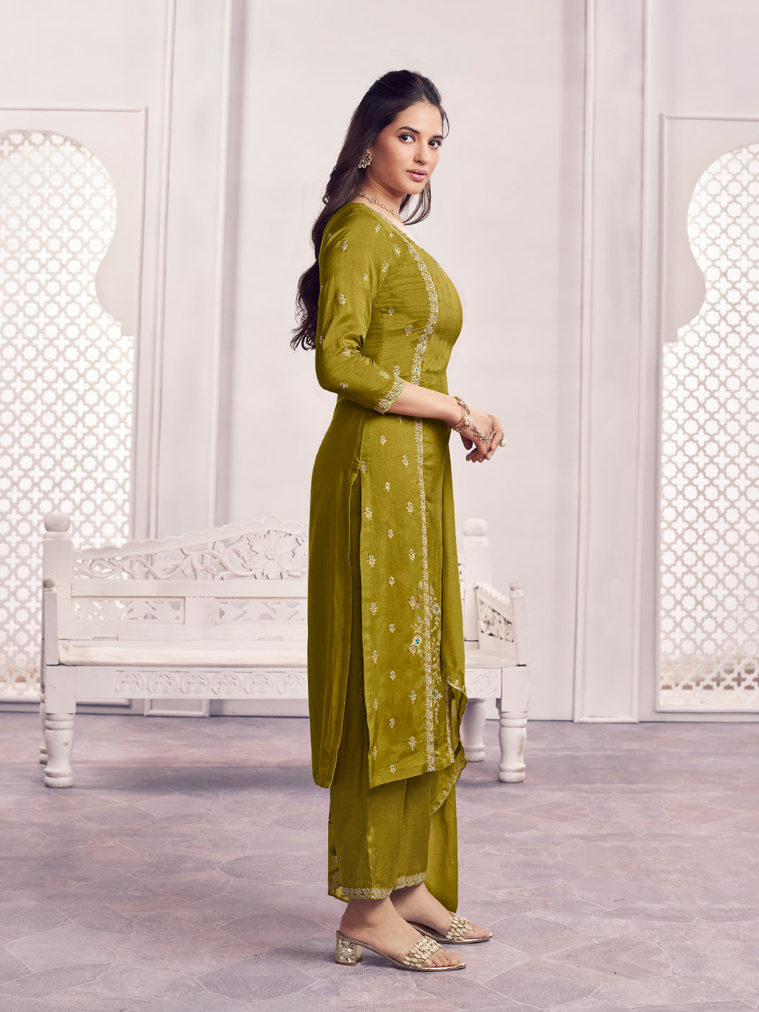 Olive Embroidery With Panel Work Straight Kurta And Dyed Trousers With Embroidery Dupatta
