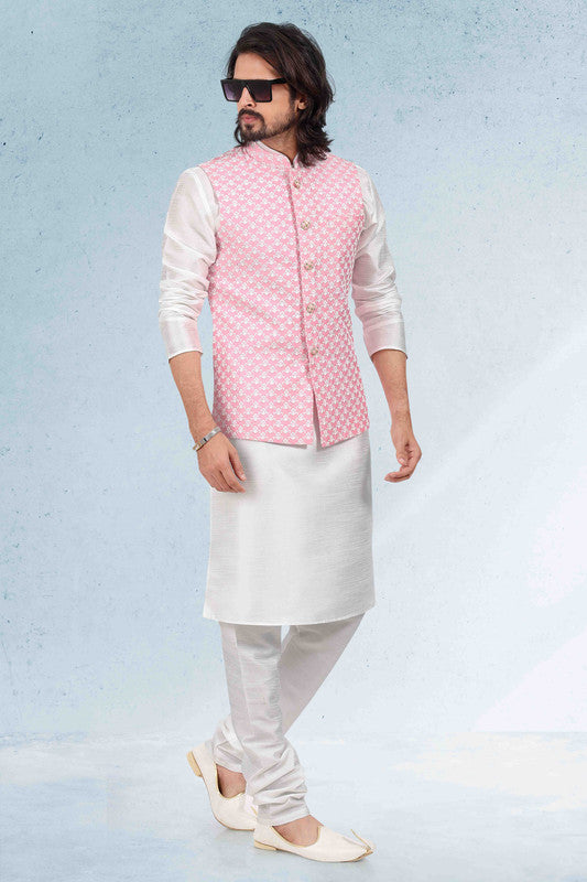 Men's Art Banarasi Silk Thread Work 3 Pics Jacket Set In Pink Colour