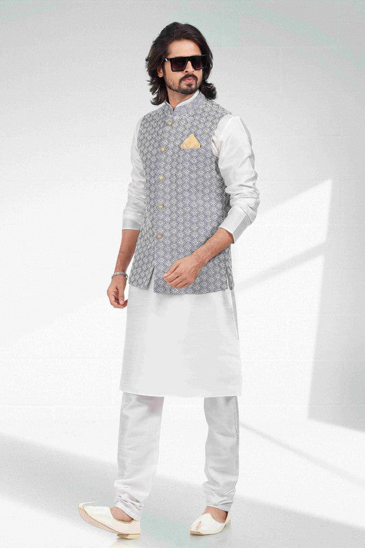 Men's Art Banarasi Silk Thread Work 3 Pics Jacket Set In Purple Light Colour