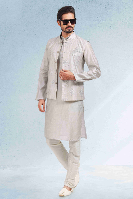 Men's Art Banarasi Silk Thread Work 3 Pics Jacket Set In Grey Colour