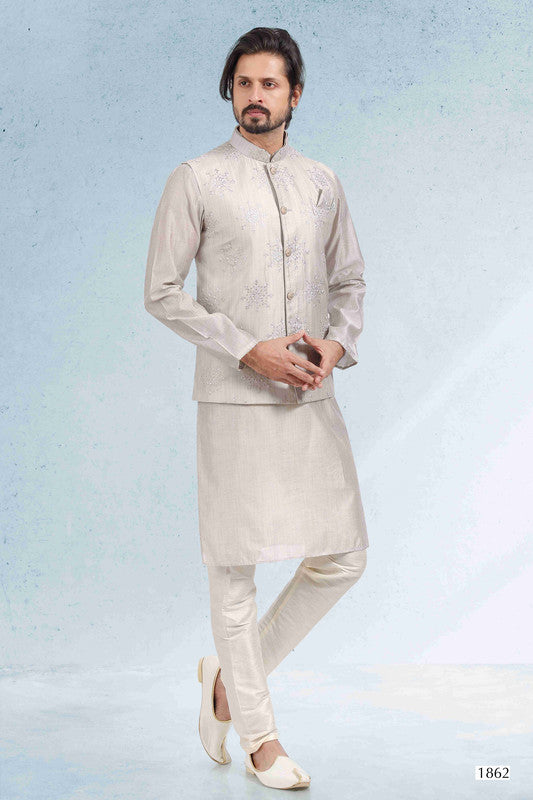 Men's Art Banarasi Silk Thread Work 3 Pics Jacket Set In Grey Colour