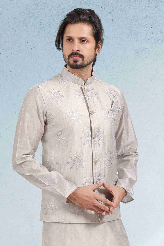 Men's Art Banarasi Silk Thread Work 3 Pics Jacket Set In Grey Colour