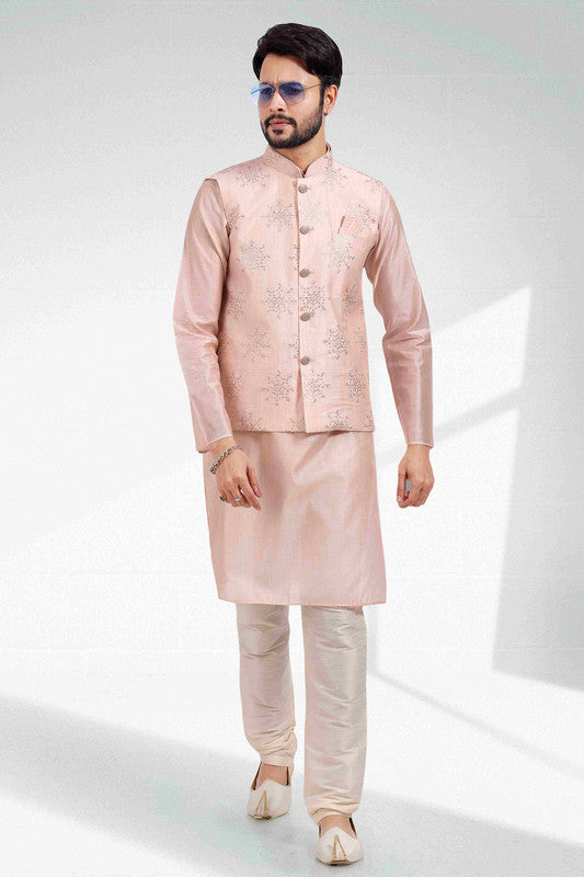 Men's Art Banarasi Silk Thread Work 3 Pics Jacket Set In Light Peach Colour