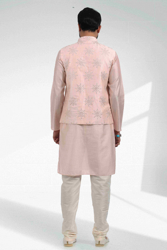 Men's Art Banarasi Silk Thread Work 3 Pics Jacket Set In Light Peach Colour