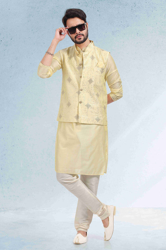 Men's Art Banarasi Silk Thread Work 3 Pics Jacket Set In Yellow Colour