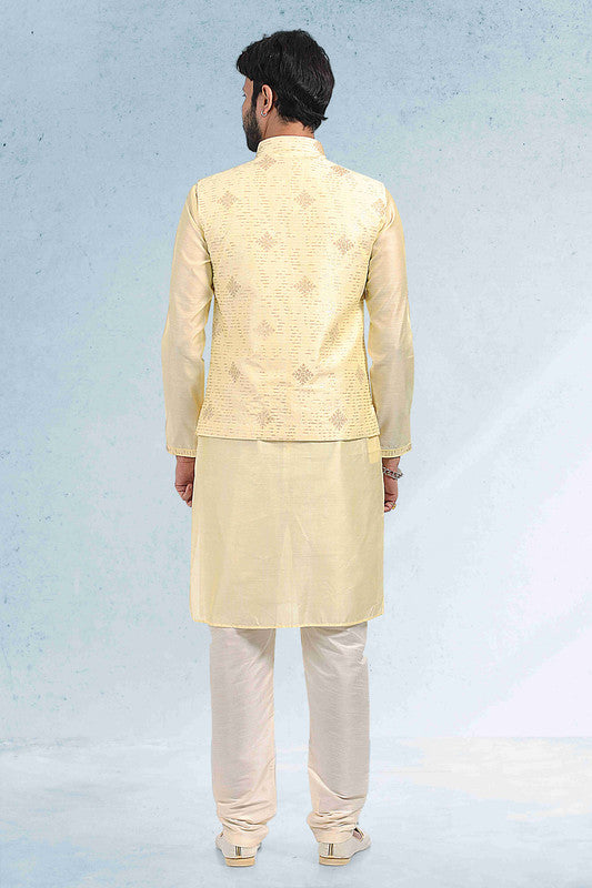 Men's Art Banarasi Silk Thread Work 3 Pics Jacket Set In Yellow Colour