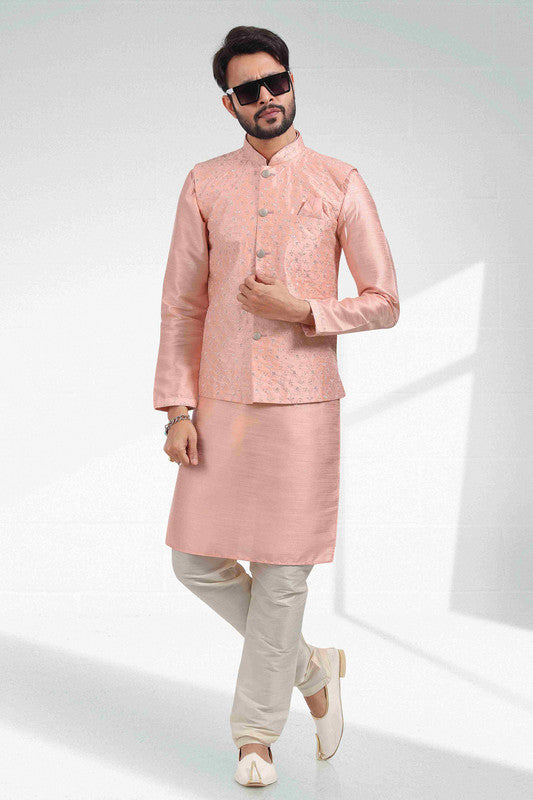 Men's Art Banarasi Silk Thread Work 3 Pics Jacket Set In Peach Colour