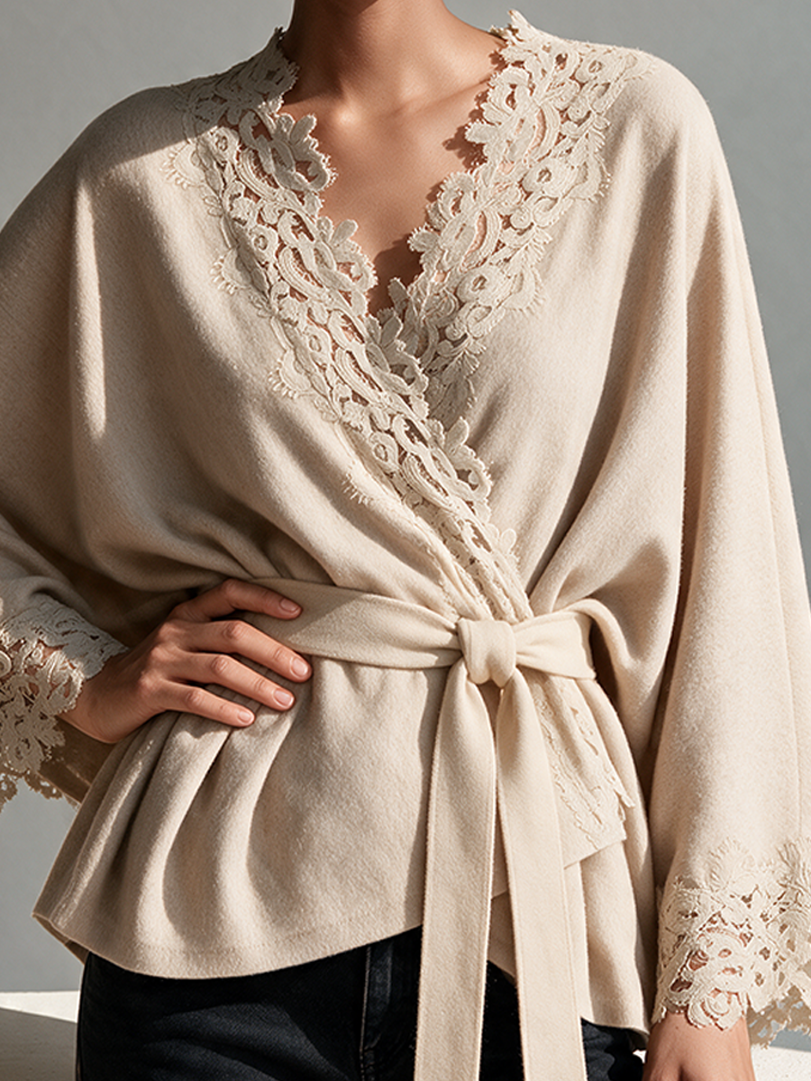 Women's Wool-Blend Wrap Coat With Lace Trim MDZ0220I1ZRK