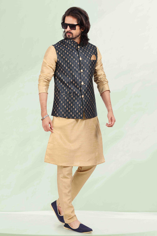 Men's Jacquard Banarasi Silk Woven Work 3 Pics Jacket Set In Blue Colour