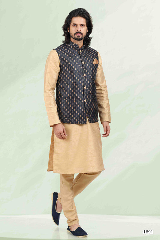 Men's Jacquard Banarasi Silk Woven Work 3 Pics Jacket Set In Blue Colour