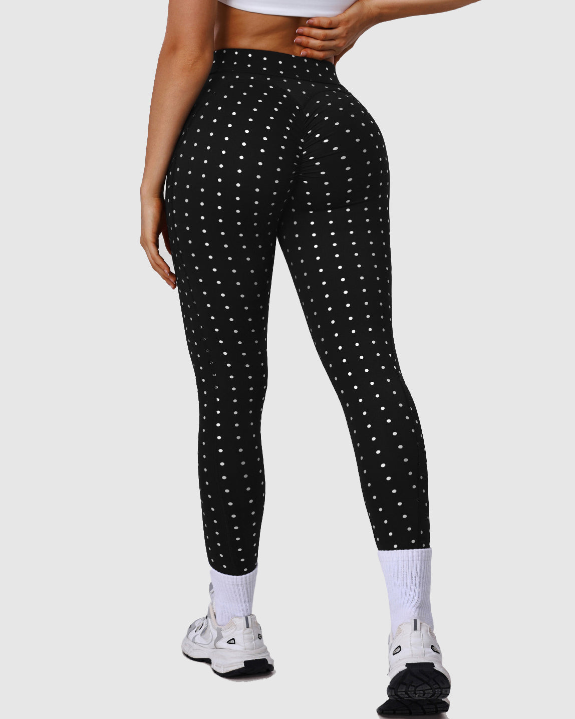 Silver Polka Dot Yoga Leggings Cross-cut Black Workout Pants - By Qivii
