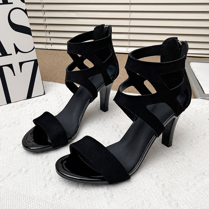 Women’s Aurora Rome Stiletto Heels – Zip Back Suede Open-Toe Sandals (US4–10.5)