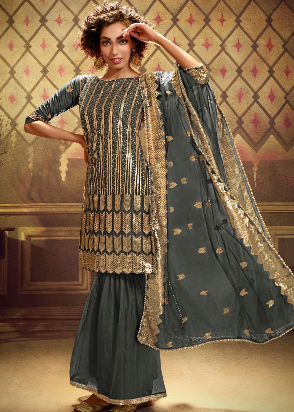 Anchor Grey Designer Soft Net Sharara Suit with overall Sequins work - qivii