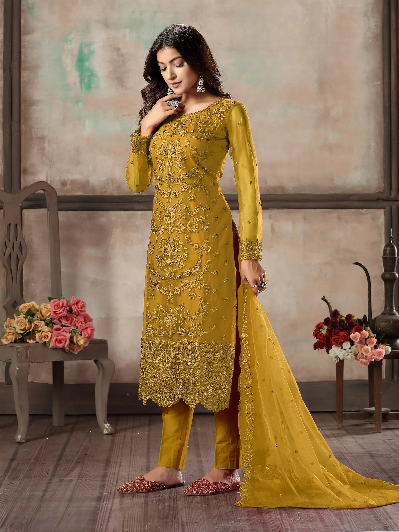 Yellow Net Salwar Suit With Thread & Sequence Embroidery Work - qivii