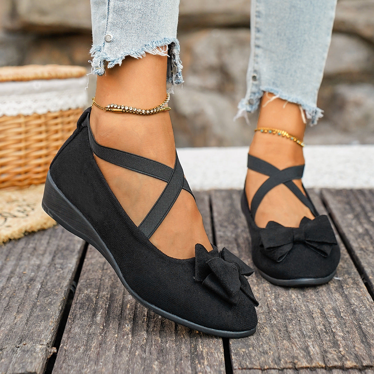 Women’s Elara Bow Suede Wedge Loafers – Elastic Cross-Strap Comfort Slip-Ons (US 5–10.5)