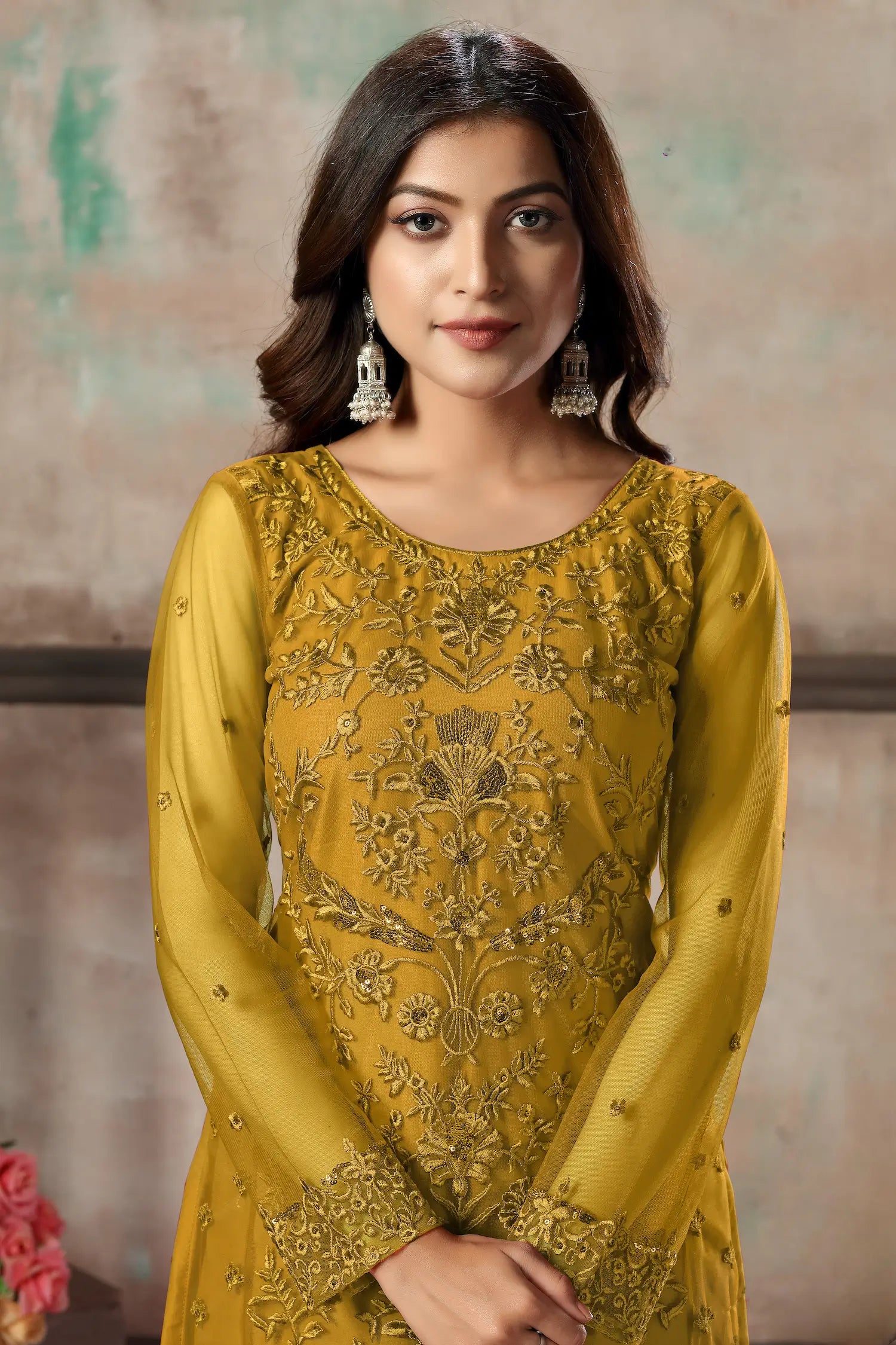 Yellow Net Salwar Suit With Thread & Sequence Embroidery Work - qivii