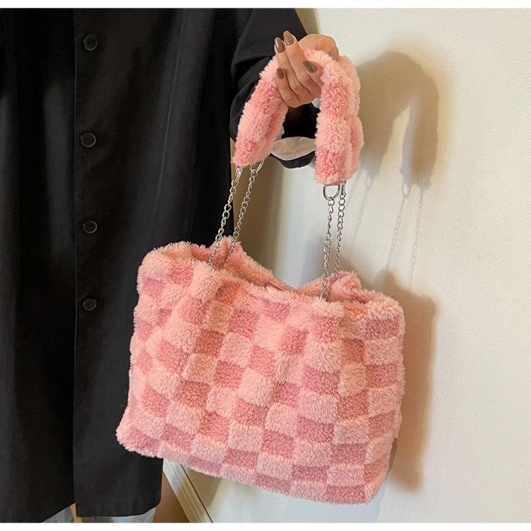 Women's Large-Capacity Plush Handbag | Trendy Quilted Chain Shoulder Bag with Patchwork Design