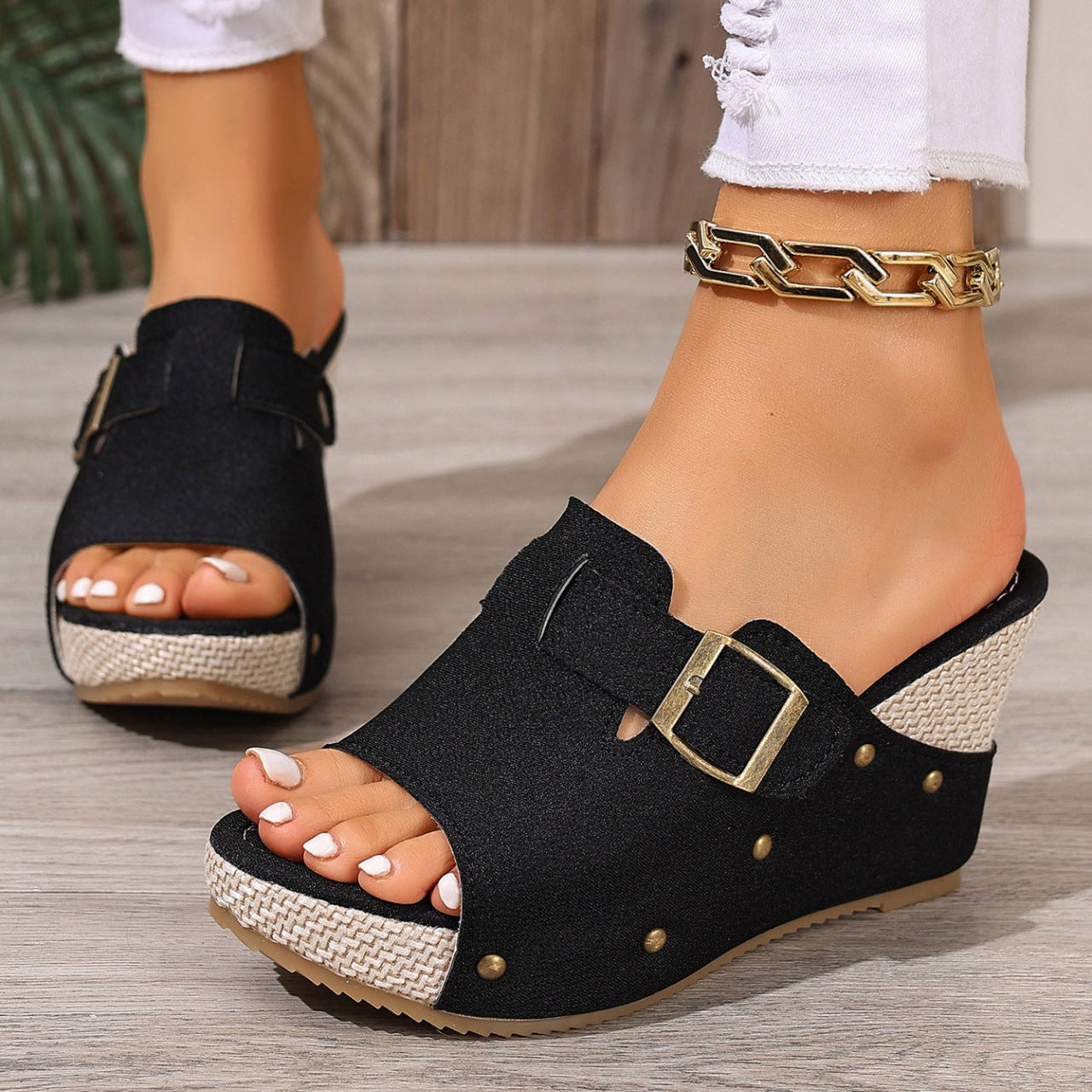 Women’s Sable Rivet Velcro Platform Wedge Sandals – Chunky Studded Slides with Adjustable Strap (US 4–10.5)