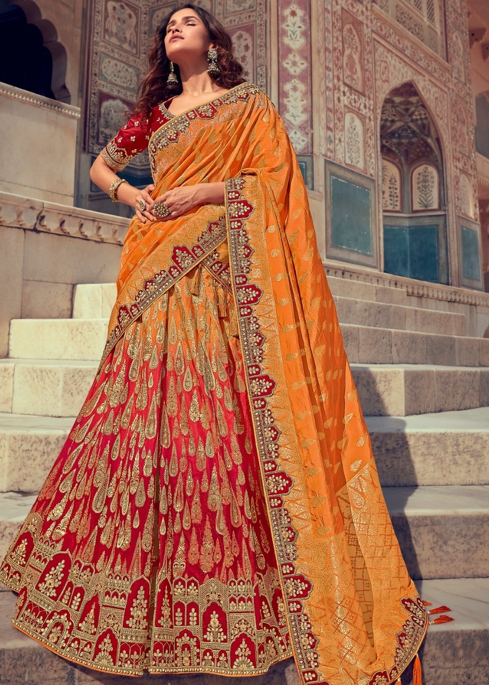 Tangerine Orange & Red Banarasi Silk Lehenga Choli with Khatli work Embroidery | Ready To Wear - qivii