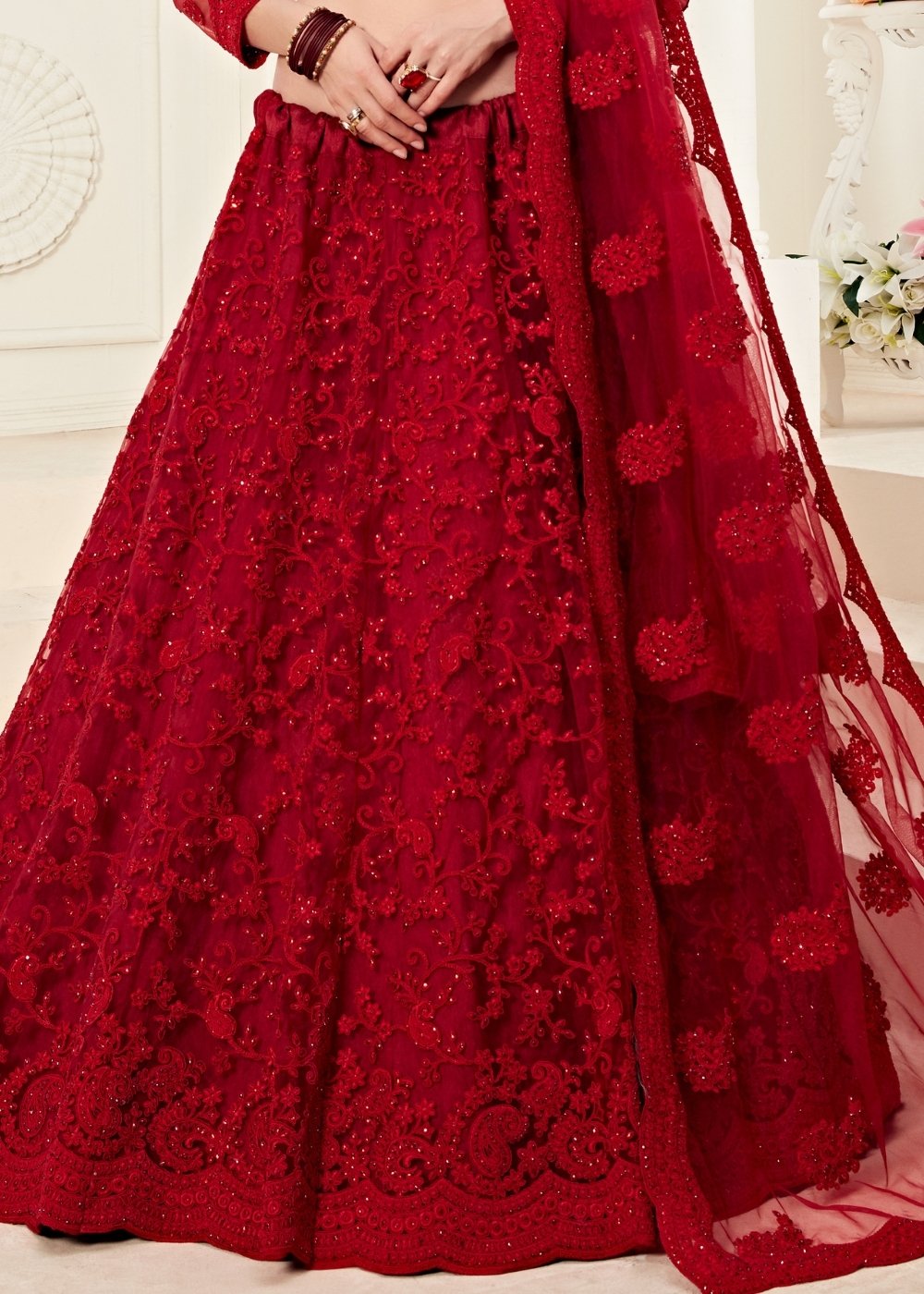 Scarlet Red Soft Net Lehenga Choli with Cording Embroidery & Stonework | Ready To Wear - qivii