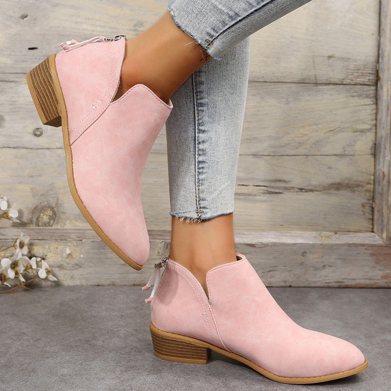 Plus Size Women's British-Inspired Solid-Color Pointed Toe Casual Fashion Boots with Rear Zipper & Low Chunky Hee
