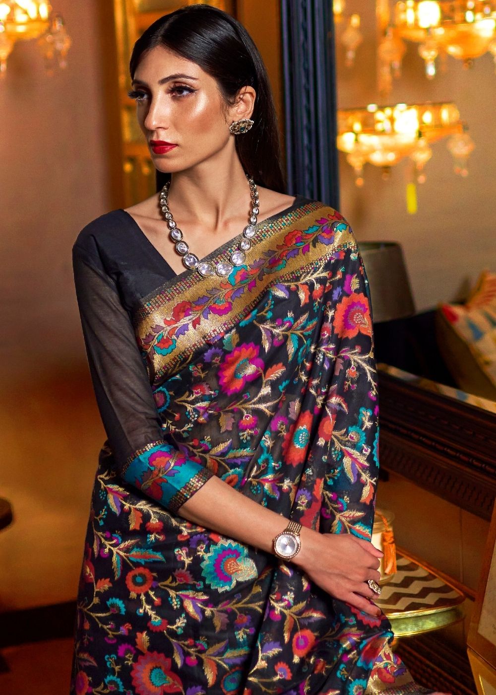 Pebble Black Banarasi Jamawar Woven Silk Saree : Top Pick - qivii