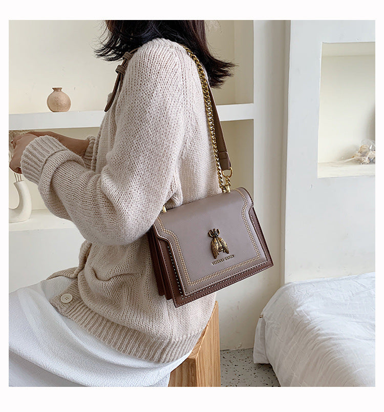 Women's Artisan-Crafted Distressed Crossbody Bag Small Box Purse with Stitched Rivets & Antique Gold Chain | Y2K Grunge Revival