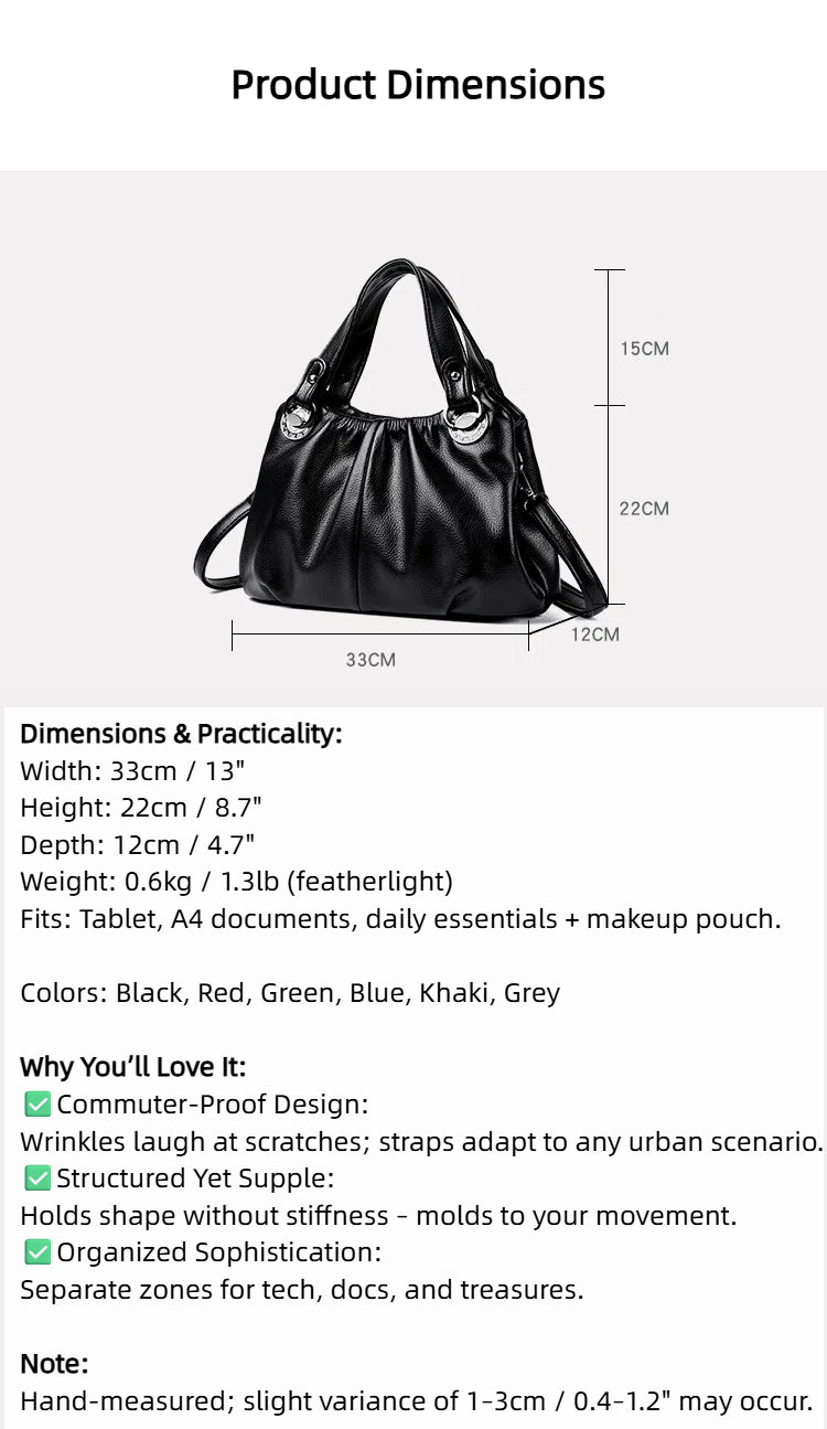 Women's Genuine Leather Crinkled Tote Bag – Minimalist 3-in-1 Purse (Handheld/Shoulder/Crossbody) for Work to Weekend