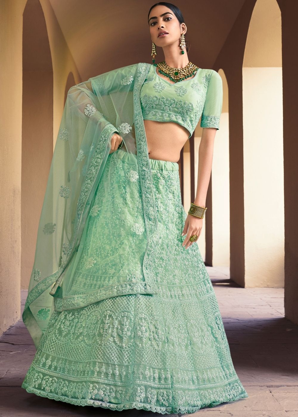 Parakeet Green Soft Net Lehenga Choli with Sequins & Dori work | Ready To Wear - qivii