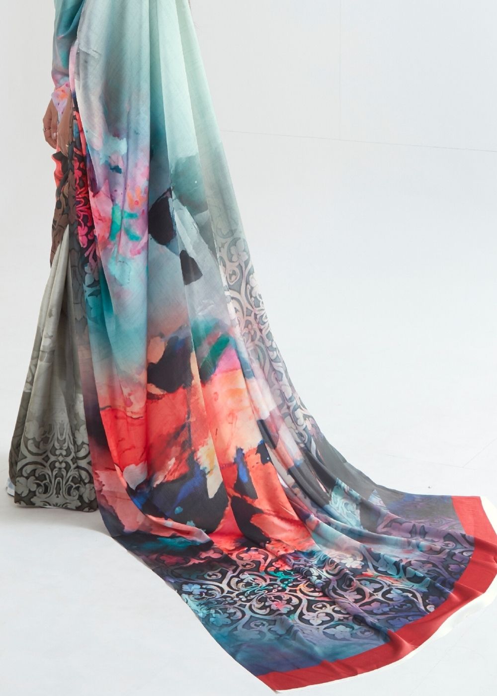 Pastel Green Satin Silk Digital Printed Saree - qivii