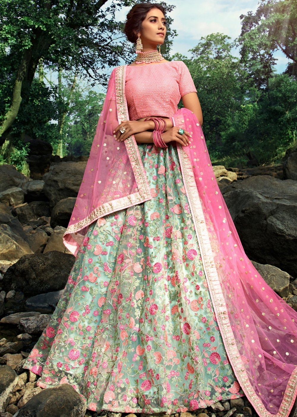 Pista Green & Pink Designer Soft Net Lehenga Choli with Sequins, Thread & Zari work | Ready To Wear - qivii