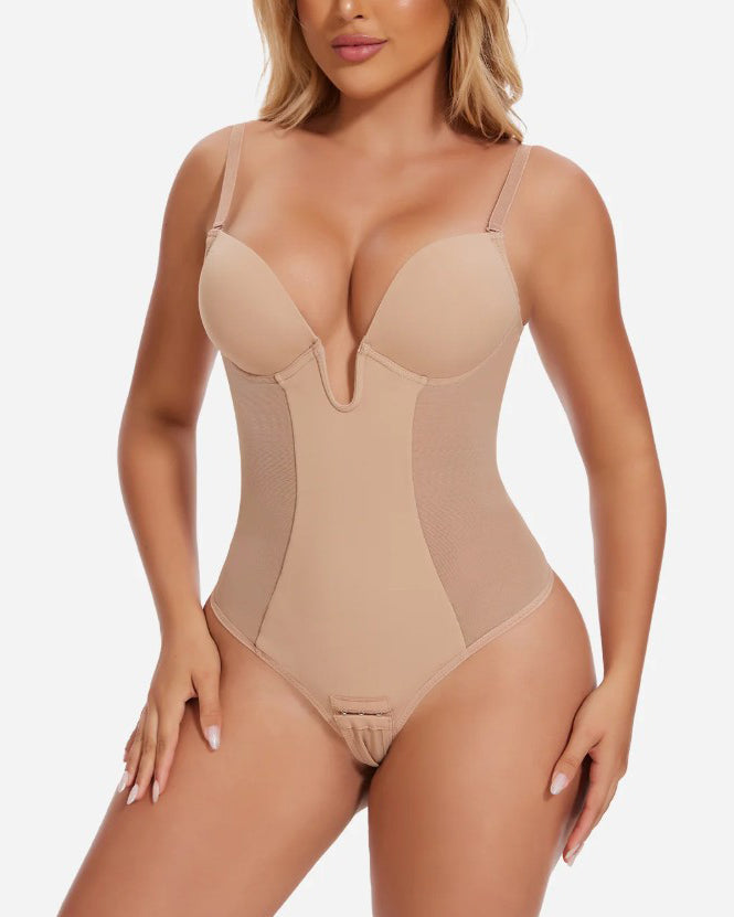 Sexy Plunge Neck Backless Mesh Panel Shapewear Thong Bodysuit