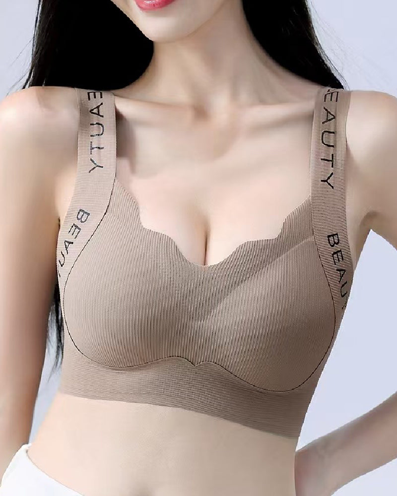 Thin Seamless Wireless Push-Up Fixed Cup Lettering Straps Bra
