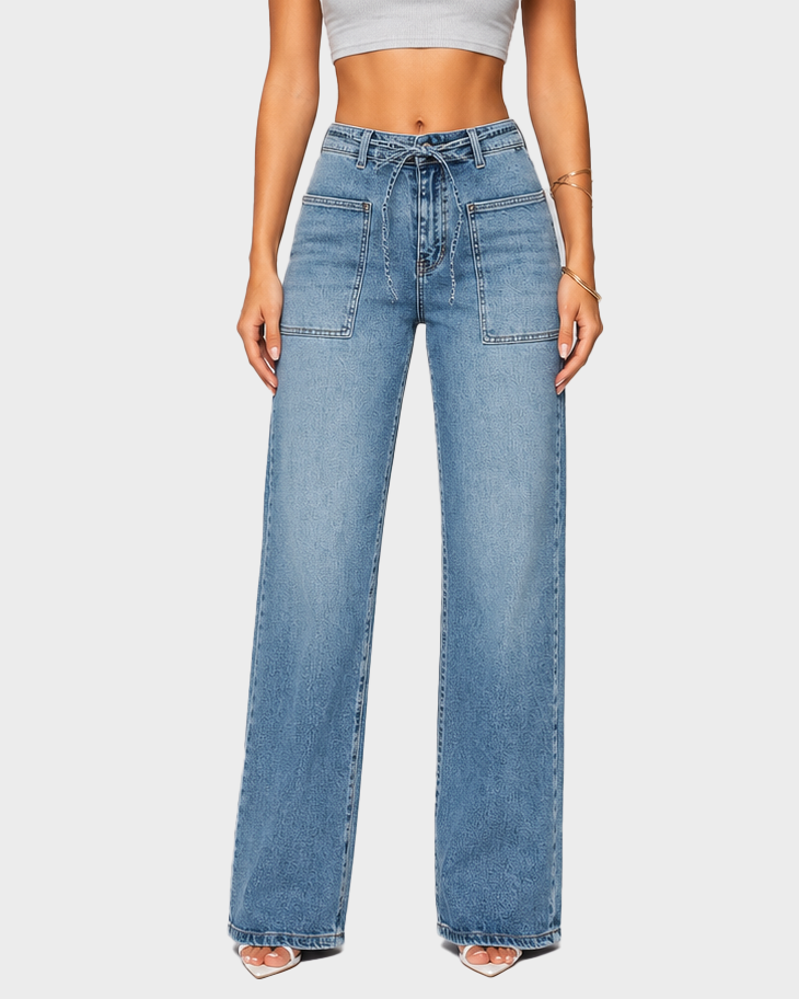 High Waist Big Cargo Pockets Wide Leg Jeans - By Qivii
